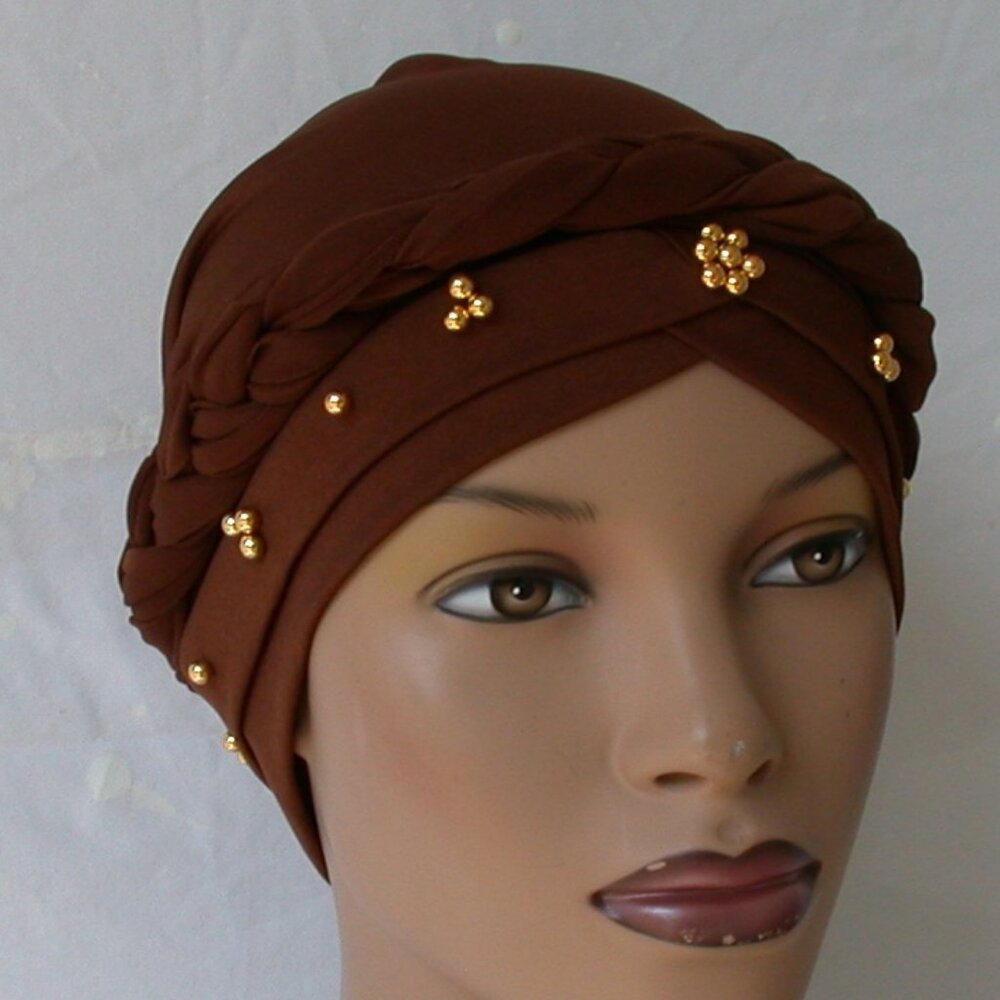 Women's Instant Turban Hijab Braid Chemo Cap Muslim Headcover Brown Bonnet